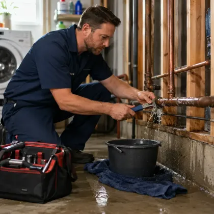 Plumber repairing a leaking copper water pipe in a basement utility area