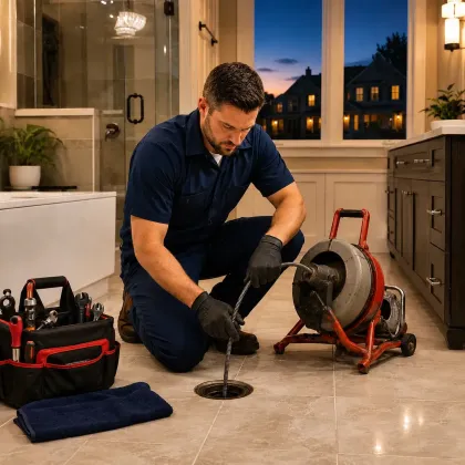 Plumber using a drum auger to clear a blocked drain line in a bathroom at dusk