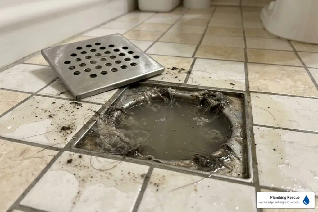 bathroom floor drain blocked with standing water and hair buildup