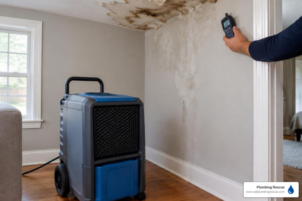 industrial dehumidifier and moisture meter on ceiling drywall