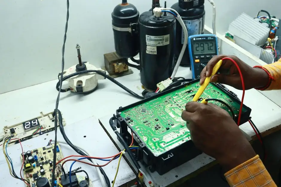 Technician using a digital multimeter near an open electrical panel